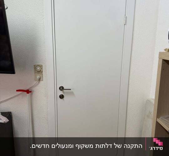 דלת פנים לבנה מודרנית מותקנת בחדר עם משקוף וידית ניקל